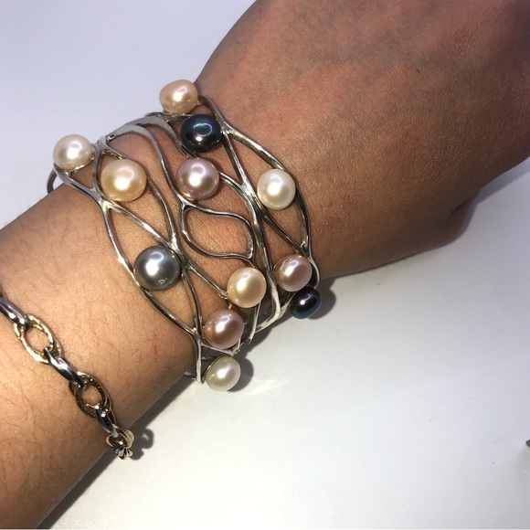 STERLING Silver & Pearl Multi Colour Pearls wide Cuff Bracelet 7” / 44g - Picture 6 of 12